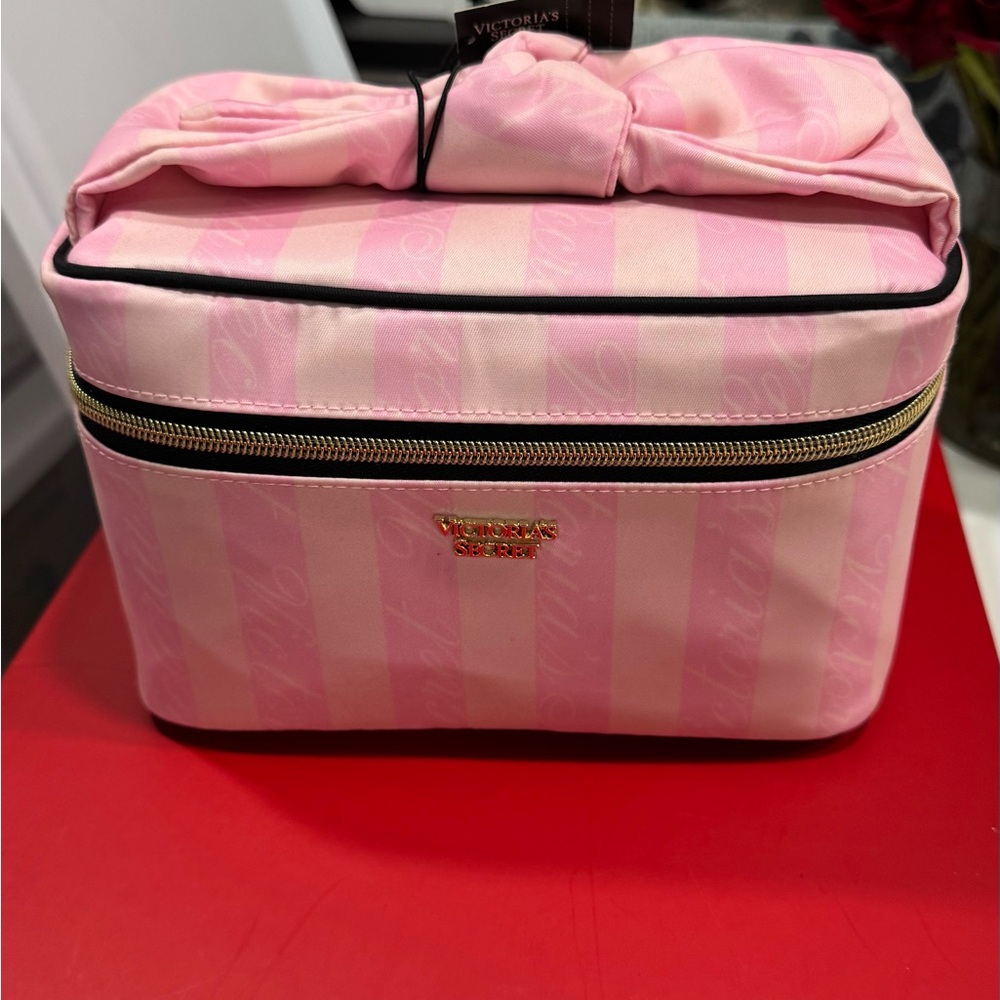 Victoria's Secret Pink Striped Makeup Bag and brushes bag light and dark pink